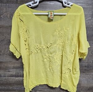 Johnny Was Yellow Sheree Short Sleeve Eyelet Blouse J